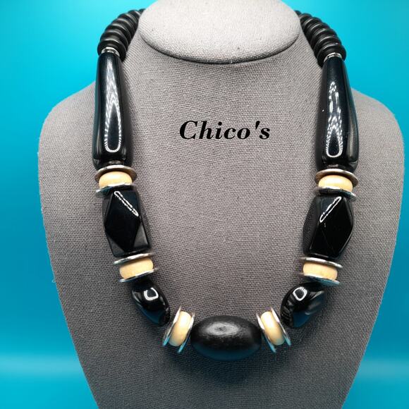 Chico's Chunky Black Beaded Necklace, Cream Silver Beads, 23" - Picture 1 of 11